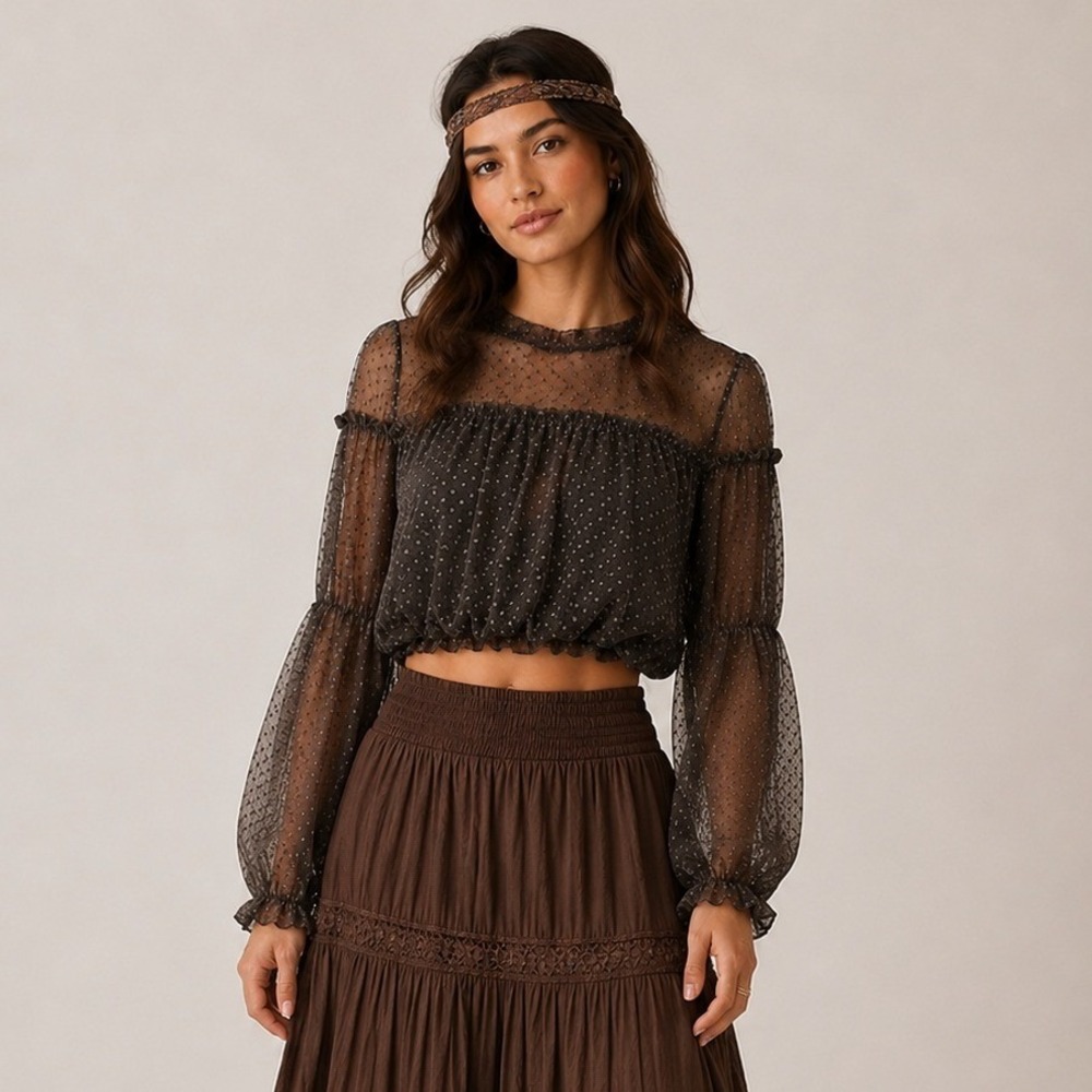 Boho Sheer Swiss Dot Crop Top Puff Sleeve Romantic Festival Blouse